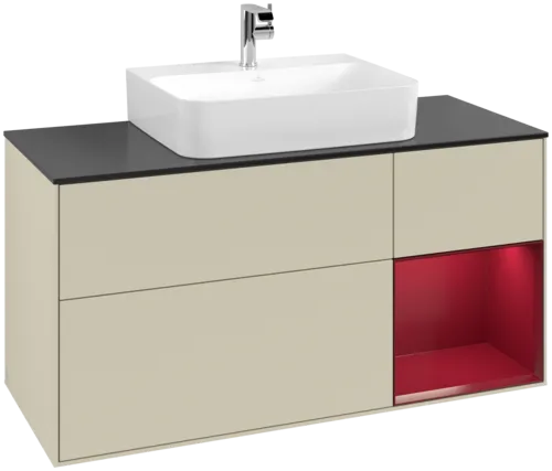VILLEROY BOCH Toaletní skříňka Finion, s osvětlením, 3 výsuvy, 1200 x 603 x 501 mm, Silk Grey Matt Lacquer / Peony Matt Lacquer / Glass Black Matt #F172HBHJ
