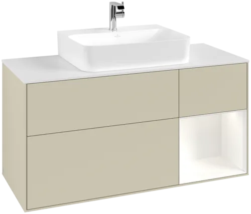 VILLEROY BOCH Toaletní skříňka Finion, s osvětlením, 3 výsuvy, 1200 x 603 x 501 mm, Silk Grey Matt Lacquer / White Matt Lacquer / Glass White Matt #F171MTHJ