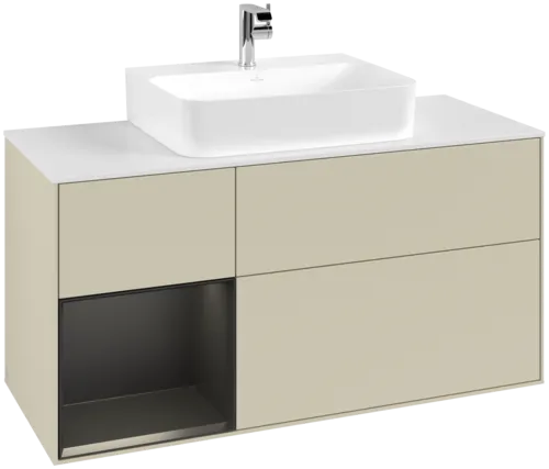 VILLEROY BOCH Toaletní skříňka Finion, s osvětlením, 3 výsuvy, 1200 x 603 x 501 mm, hedvábně šedý matný lak / černý matný lak / bílé matné sklo #F161PDHJ