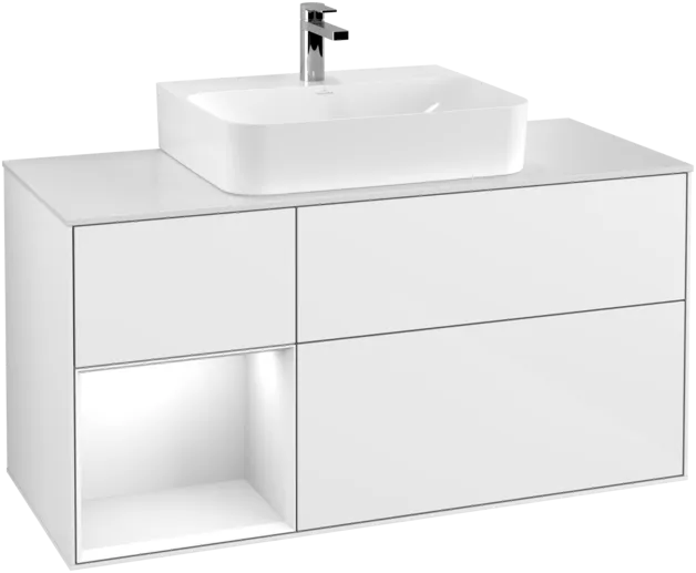 VILLEROY BOCH Toaletní skříňka Finion, s osvětlením, 3 výsuvy, 1200 x 603 x 501 mm, lesklý bílý lak / lesklý bílý lak / sklo bílé matné #F161GFGF