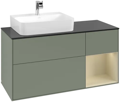 VILLEROY BOCH Toaletní skříňka Finion, s osvětlením, 3 výsuvy, 1200 x 603 x 501 mm, olivový matný lak / hedvábně šedý matný lak / černé matné sklo #F152HJGM