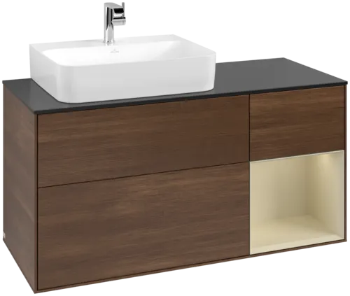 VILLEROY BOCH Toaletní skříňka Finion, s osvětlením, 3 výsuvy, 1200 x 603 x 501 mm, ořechová dýha / hedvábně šedý matný lak / sklo černé matné #F152HJGN