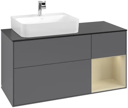 VILLEROY BOCH Toaletní skříňka Finion, s osvětlením, 3 výsuvy, 1200 x 603 x 501 mm, antracitový matný lak / hedvábně šedý matný lak / černé matné sklo #F152HJGK