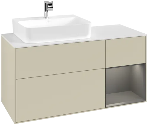 VILLEROY BOCH Toaletní skříňka Finion, s osvětlením, 3 výsuvy, 1200 x 603 x 501 mm, hedvábně šedý matný lak / antracitový matný lak / bílé matné sklo #F151GKHJ