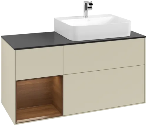 VILLEROY BOCH Toaletní skříňka Finion, s osvětlením, 3 výsuvy, 1200 x 603 x 501 mm, hedvábně šedý matný lak / ořechová dýha / černé matné sklo #F142GNHJ