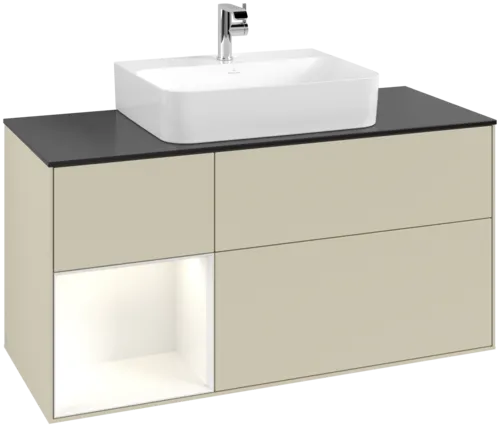 VILLEROY BOCH Toaletní skříňka Finion, s osvětlením, 3 výsuvy, 1200 x 603 x 501 mm, hedvábně šedý matný lak / lesklý bílý lak / černé matné sklo #F162GFHJ