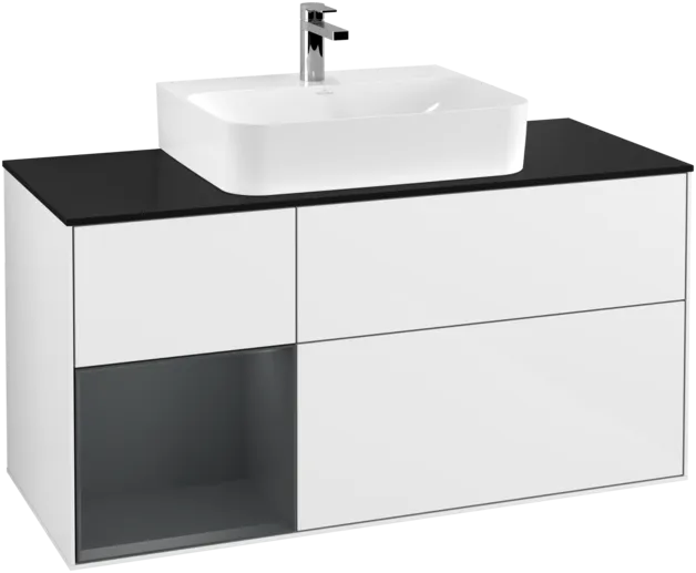 VILLEROY BOCH Toaletní skříňka Finion, s osvětlením, 3 výsuvy, 1200 x 603 x 501 mm, lesklý bílý lak / půlnoční modrý matný lak / černé matné sklo #F162HGGF