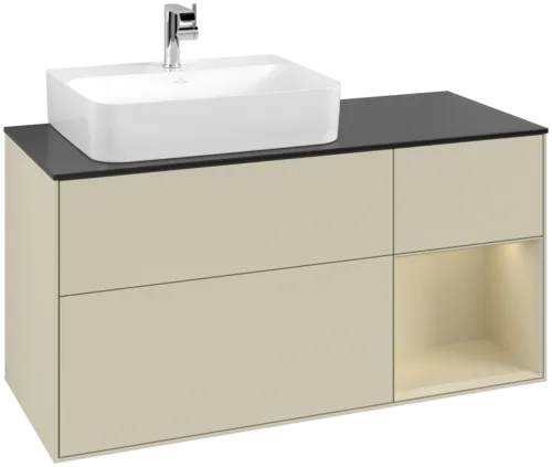 VILLEROY BOCH Toaletní skříňka Finion, s osvětlením, 3 výsuvy, 1200 x 603 x 501 mm, Silk Grey Matt Lacquer / Silk Grey Matt Lacquer / Glass Black Matt #F152HJHJ