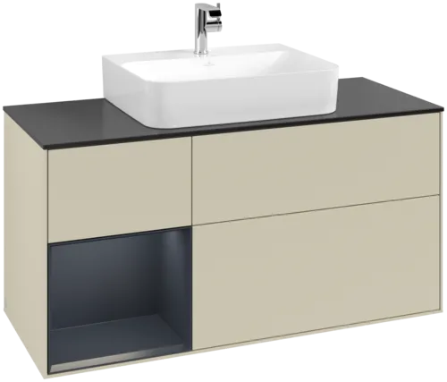 VILLEROY BOCH Toaletní skříňka Finion, s osvětlením, 3 výsuvy, 1200 x 603 x 501 mm, Silk Grey Matt Lacquer / Midnight Blue Matt Lacquer / Glass Black Matt #F162HGHJ