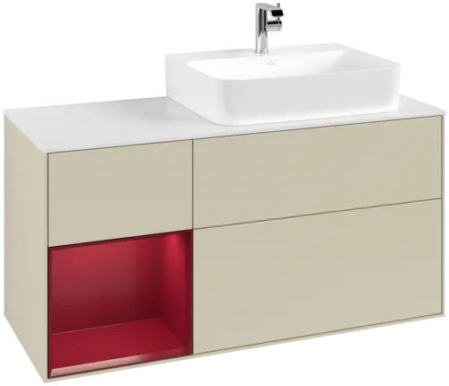 VILLEROY BOCH Toaletní skříňka Finion, s osvětlením, 3 výsuvy, 1200 x 603 x 501 mm, Silk Grey Matt Lacquer / Peony Matt Lacquer / Glass White Matt #F141HBHJ