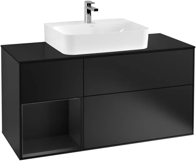 VILLEROY BOCH Toaletní skříňka Finion, s osvětlením, 3 výsuvy, 1200 x 603 x 501 mm, černý matný lak / černý matný lak / černé matné sklo #F162PDPD
