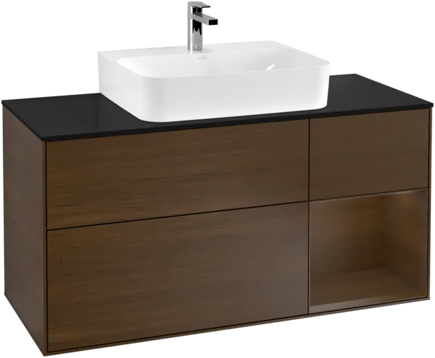 VILLEROY BOCH Toaletní skříňka Finion, s osvětlením, 3 výsuvy, 1200 x 603 x 501 mm, ořechová dýha / ořechová dýha / sklo černé matné #F172GNGN