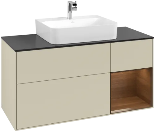 VILLEROY BOCH Toaletní skříňka Finion, s osvětlením, 3 výsuvy, 1200 x 603 x 501 mm, hedvábně šedý matný lak / ořechová dýha / černé matné sklo #F172GNHJ