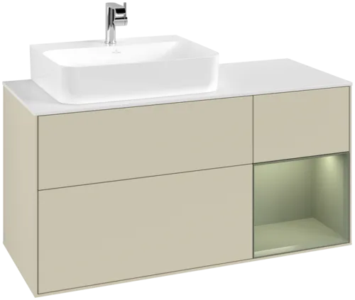VILLEROY BOCH Toaletní skříňka Finion, s osvětlením, 3 výsuvy, 1200 x 603 x 501 mm, hedvábně šedý matný lak / olivový matný lak / bílé matné sklo #F151GMHJ