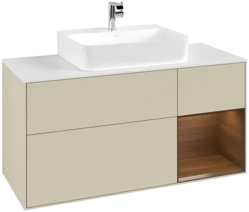 VILLEROY BOCH Toaletní skříňka Finion, s osvětlením, 3 výsuvy, 1200 x 603 x 501 mm, hedvábně šedý matný lak / ořechová dýha / sklo bílé matné #F171GNHJ