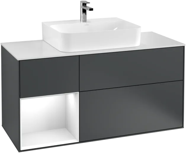 VILLEROY BOCH Toaletní skříňka Finion, s osvětlením, 3 výsuvy, 1200 x 603 x 501 mm, Midnight Blue Matt Lacquer / Glossy White Lacquer / Glass White Matt #F161GFHG