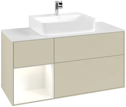 VILLEROY BOCH Toaletní skříňka Finion, s osvětlením, 3 výsuvy, 1200 x 603 x 501 mm, hedvábně šedý matný lak / lesklý bílý lak / bílé matné sklo #F161GFHJ