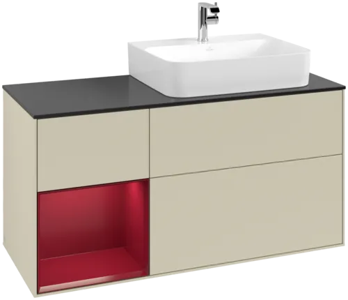 VILLEROY BOCH Toaletní skříňka Finion, s osvětlením, 3 výsuvy, 1200 x 603 x 501 mm, Silk Grey Matt Lacquer / Peony Matt Lacquer / Glass Black Matt #F142HBHJ