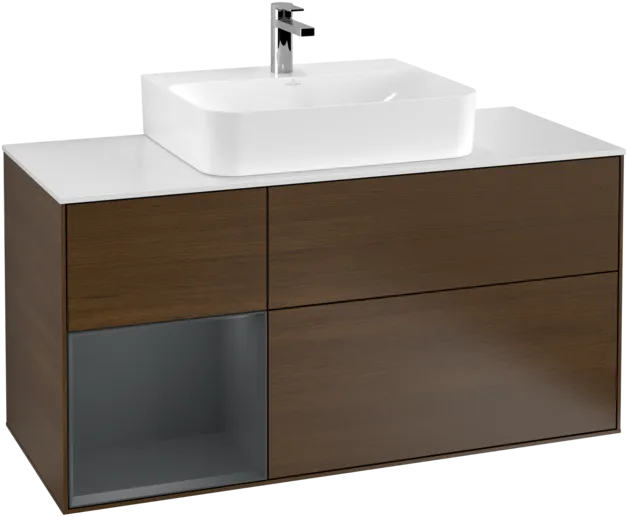 VILLEROY BOCH Toaletní skříňka Finion, s osvětlením, 3 výsuvy, 1200 x 603 x 501 mm, ořechová dýha / půlnočně modrý matný lak / sklo bílé matné #F161HGGN