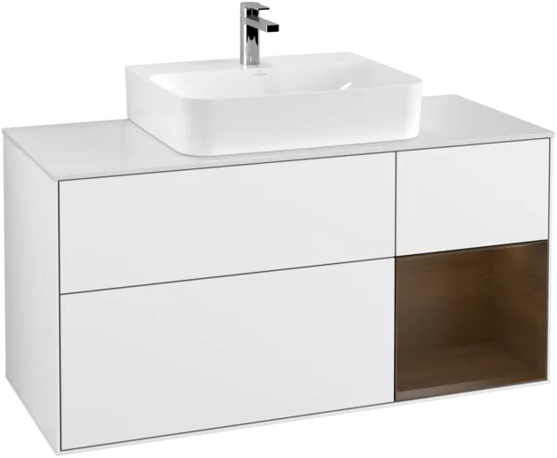VILLEROY BOCH Toaletní skříňka Finion, s osvětlením, 3 výsuvy, 1200 x 603 x 501 mm, lesklý bílý lak / ořechová dýha / sklo bílé matné #F171GNGF