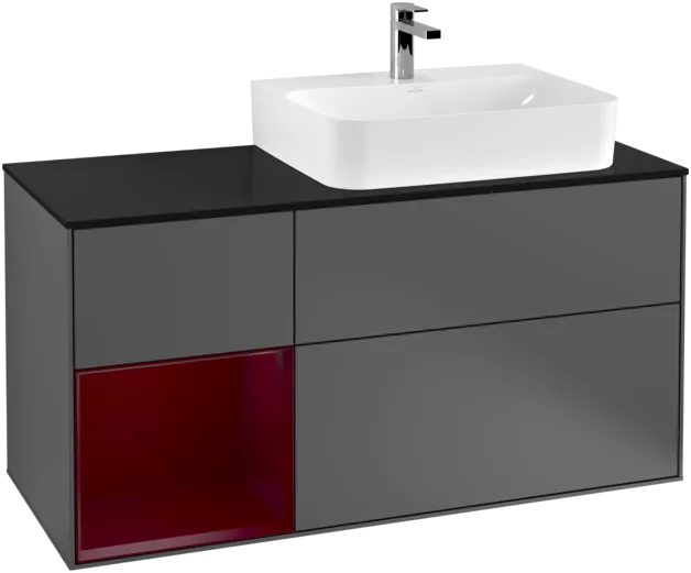 VILLEROY BOCH Toaletní skříňka Finion, s osvětlením, 3 výsuvy, 1200 x 603 x 501 mm, antracitový matný lak / pivoňkový matný lak / černé matné sklo #F142HBGK