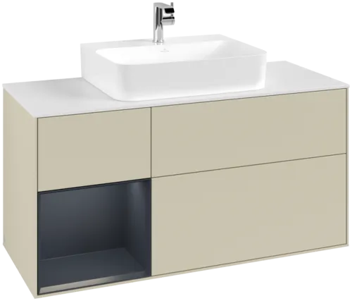 VILLEROY BOCH Toaletní skříňka Finion, s osvětlením, 3 výsuvy, 1200 x 603 x 501 mm, hedvábně šedý matný lak / půlnočně modrý matný lak / bílé matné sklo #F161HGHJ