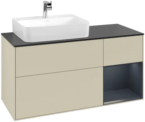 VILLEROY BOCH Toaletní skříňka Finion, s osvětlením, 3 výsuvy, 1200 x 603 x 501 mm, Silk Grey Matt Lacquer / Midnight Blue Matt Lacquer / Glass Black Matt #F152HGHJ
