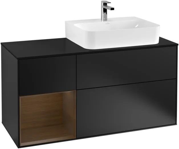 VILLEROY BOCH Toaletní skříňka Finion, s osvětlením, 3 výsuvy, 1200 x 603 x 501 mm, černý matný lak / ořechová dýha / černé matné sklo #F142GNPD
