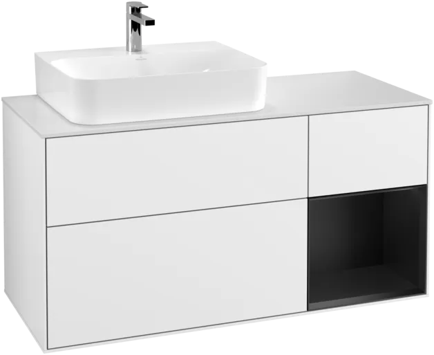 VILLEROY BOCH Toaletní skříňka Finion, s osvětlením, 3 výsuvy, 1200 x 603 x 501 mm, lesklý bílý lak / černý matný lak / sklo bílé matné #F151PDGF