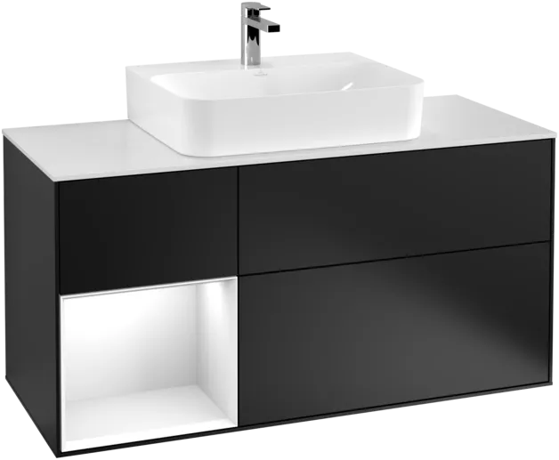 VILLEROY BOCH Toaletní skříňka Finion, s osvětlením, 3 výsuvy, 1200 x 603 x 501 mm, černý matný lak / bílý lesklý lak / bílé matné sklo #F161GFPD, obrázek 1