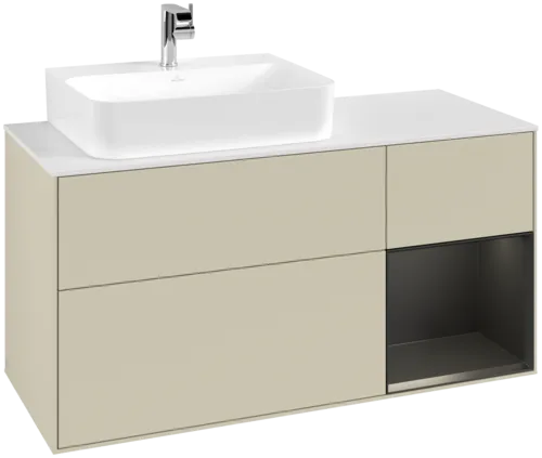 VILLEROY BOCH Toaletní skříňka Finion, s osvětlením, 3 výsuvy, 1200 x 603 x 501 mm, hedvábně šedý matný lak / černý matný lak / bílé matné sklo #F151PDHJ