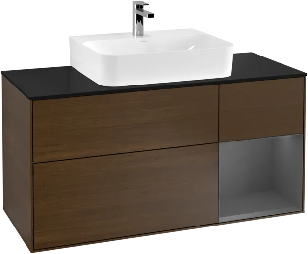 VILLEROY BOCH Toaletní skříňka Finion, s osvětlením, 3 výsuvy, 1200 x 603 x 501 mm, ořechová dýha / antracitový matný lak / černé matné sklo #F172GKGN