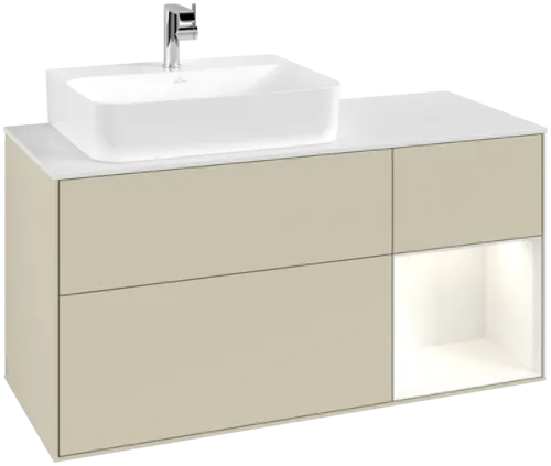 VILLEROY BOCH Toaletní skříňka Finion, s osvětlením, 3 výsuvy, 1200 x 603 x 501 mm, hedvábně šedý matný lak / lesklý bílý lak / bílé matné sklo #F151GFHJ