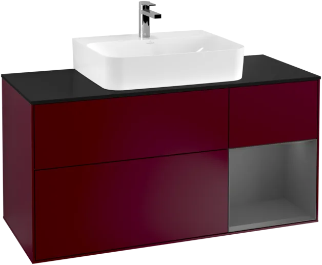 VILLEROY BOCH Toaletní skříňka Finion, s osvětlením, 3 výsuvy, 1200 x 603 x 501 mm, Pivoňka matný lak / Antracit matný lak / Sklo černé matné #F172GKHB