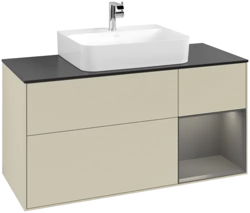 VILLEROY BOCH Toaletní skříňka Finion, s osvětlením, 3 výsuvy, 1200 x 603 x 501 mm, hedvábně šedý matný lak / antracitový matný lak / černé matné sklo #F172GKHJ