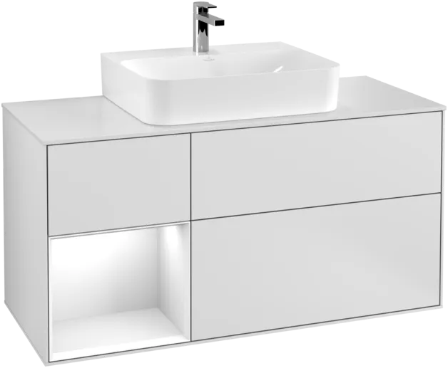 VILLEROY BOCH Umyvadlová skříňka Finion, s osvětlením, 3 výsuvy, 1200 x 603 x 501 mm, bílý matný lak / bílý lesklý lak / bílé matné sklo #F161GFMT