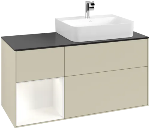 VILLEROY BOCH Toaletní skříňka Finion, s osvětlením, 3 výsuvy, 1200 x 603 x 501 mm, Silk Grey Matt Lacquer / White Matt Lacquer / Glass Black Matt #F142MTHJ