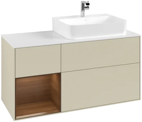 VILLEROY BOCH Toaletní skříňka Finion, s osvětlením, 3 výsuvy, 1200 x 603 x 501 mm, hedvábně šedý matný lak / ořechová dýha / sklo bílé matné #F141GNHJ