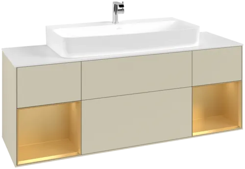 VILLEROY BOCH Toaletní skříňka Finion, s osvětlením, 4 výsuvy, 1600 x 603 x 501 mm, Silk Grey Matt Lacquer / Gold Matt Lacquer / Glass White Matt #F211HFHJ
