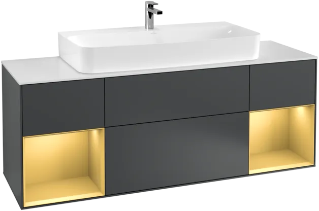VILLEROY BOCH Toaletní skříňka Finion, s osvětlením, 4 výsuvy, 1600 x 603 x 501 mm, Midnight Blue Matt Lacquer / Gold Matt Lacquer / Glass White Matt #F211HFHG