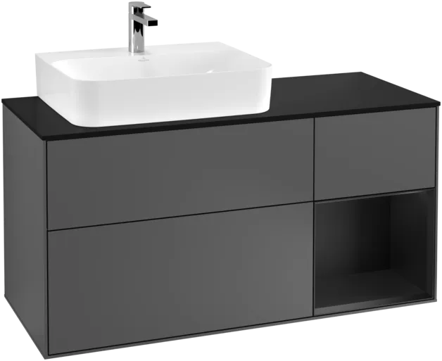 VILLEROY BOCH Toaletní skříňka Finion, s osvětlením, 3 výsuvy, 1200 x 603 x 501 mm, antracitový matný lak / černý matný lak / černé matné sklo #F152PDGK