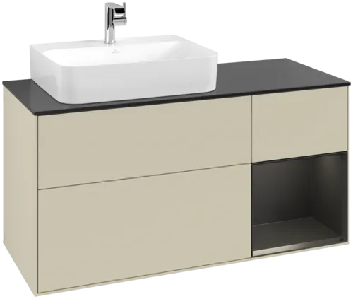 VILLEROY BOCH Toaletní skříňka Finion, s osvětlením, 3 výsuvy, 1200 x 603 x 501 mm, hedvábně šedý matný lak / černý matný lak / černé matné sklo #F152PDHJ
