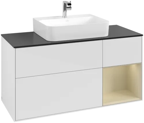 VILLEROY BOCH Toaletní skříňka Finion, s osvětlením, 3 výsuvy, 1200 x 603 x 501 mm, lesklý bílý lak / hedvábně šedý matný lak / černé matné sklo #F172HJGF