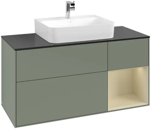VILLEROY BOCH Toaletní skříňka Finion, s osvětlením, 3 výsuvy, 1200 x 603 x 501 mm, olivový matný lak / hedvábně šedý matný lak / černé matné sklo #F172HJGM
