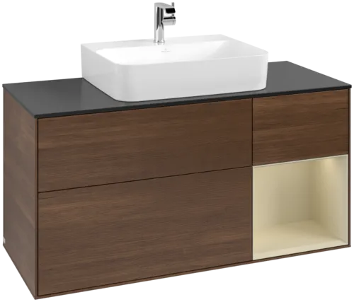 VILLEROY BOCH Toaletní skříňka Finion, s osvětlením, 3 výsuvy, 1200 x 603 x 501 mm, ořechová dýha / hedvábně šedý matný lak / sklo černé matné #F172HJGN