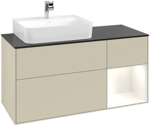 VILLEROY BOCH Toaletní skříňka Finion, s osvětlením, 3 výsuvy, 1200 x 603 x 501 mm, hedvábně šedý matný lak / lesklý bílý lak / černé matné sklo #F152GFHJ