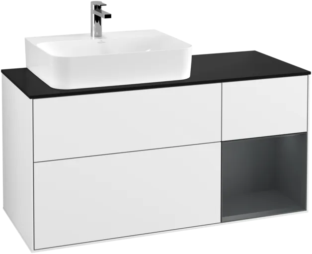 VILLEROY BOCH Toaletní skříňka Finion, s osvětlením, 3 výsuvy, 1200 x 603 x 501 mm, lesklý bílý lak / půlnoční modrý matný lak / černé matné sklo #F152HGGF