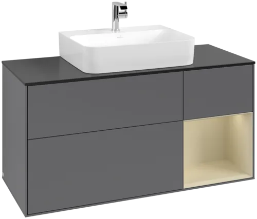 VILLEROY BOCH Toaletní skříňka Finion, s osvětlením, 3 výsuvy, 1200 x 603 x 501 mm, antracitový matný lak / hedvábně šedý matný lak / černé matné sklo #F172HJGK