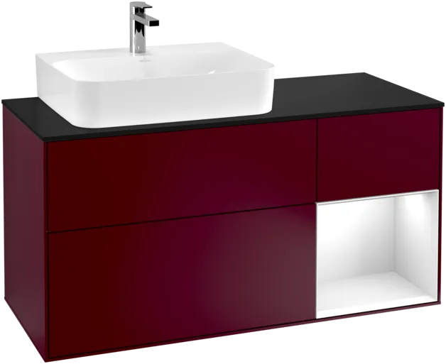 VILLEROY BOCH Toaletní skříňka Finion, s osvětlením, 3 výsuvy, 1200 x 603 x 501 mm, matný lak Peony / lesklý bílý lak / černé matné sklo #F152GFHB, obrázek 1