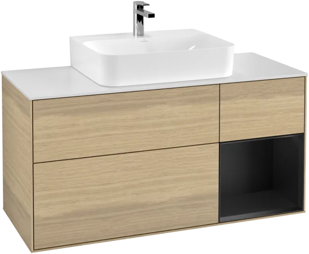 VILLEROY BOCH Toaletní skříňka Finion, s osvětlením, 3 výsuvy, 1200 x 603 x 501 mm, dubová dýha / černý matný lak / bílé matné sklo #F171PDPC